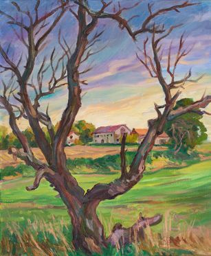 Ein Ölgemälde zeigt einen kahlen, dunkel verzweigten Baum im Vordergrund, der einen entfernten Bauernhof.