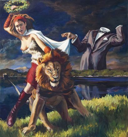 Ein wilder Krieger mit Kranz und Löwe steht vor einer kopflosen, Anzug tragenden Gestalt in einer surrealen.