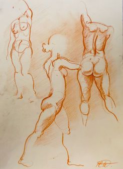 Gestenzeichnungen in Rötelkohle von drei menschlichen Figuren in verschiedenen Posen vor hellem Hintergrund.