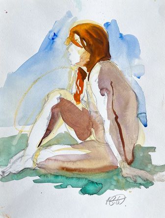 Ein Aquarellgemälde einer sitzenden Figur im Profil vor einem sanften blau-grünen Hintergrund.