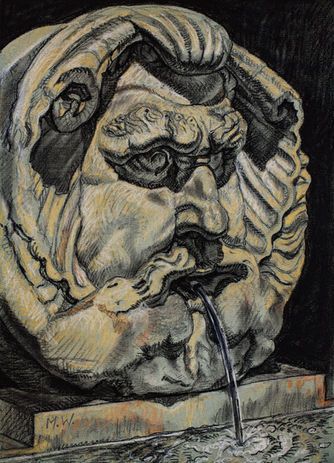 Eine detaillierte Zeichnung eines steinernen Brunnenkopfes, der ein grimmiges Gesicht zeigt.