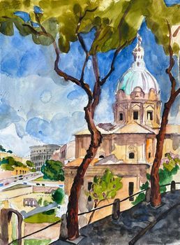 Ein Aquarellgemälde einer Kuppelkirche in Rom, im Hintergrund hinter Pinien ist das Kolosseum zu sehen.