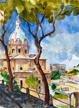 Ein Aquarellgemälde einer Kuppelkirche in Rom, im Hintergrund ist das Kolosseum zu sehen, eingerahmt von Bäumen.