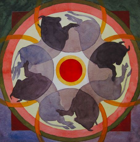 Ein kreisförmiges Aquarell-Mandala mit fünf dunkelvioletten Stieren.