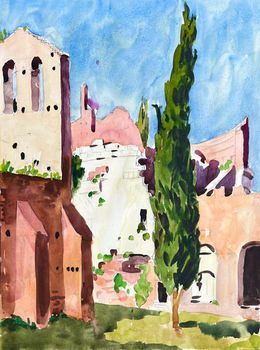 Ein Aquarellgemälde eines mediterranen Innenhofs mit einer hohen, schlanken Zypresse und sonnenbeschienenen Steingebäuden.