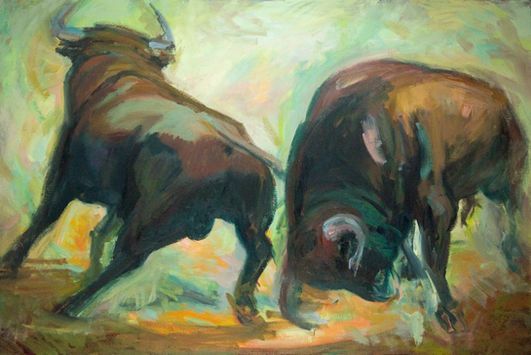 Ein ausdrucksstarkes Ölgemälde von zwei großen braunen Stieren, die sich in einer aggressiven.