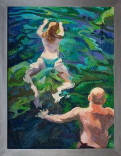 Ein Ölgemälde zeigt zwei Menschen, die in tiefem, leuchtend grünem und blauem Wasser schwimmen.