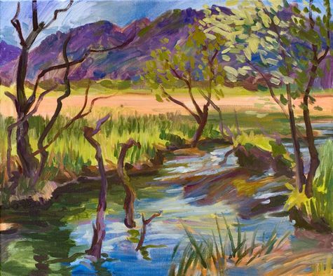 Ein impressionistisches Gemälde, das einen Bach zeigt, der durch eine grasbewachsene Landschaft unter einem bewölkten Himmel.