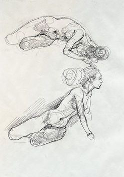 Eine Bleistiftskizze von zwei menschlichen Figuren, von denen eine über der anderen liegt.