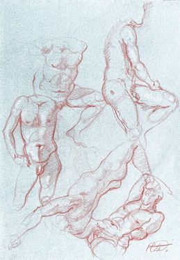 Eine Rotkreidezeichnung mit mehreren Skizzen von menschlichen Figuren in verschiedenen Posen auf hellem Hintergrund.