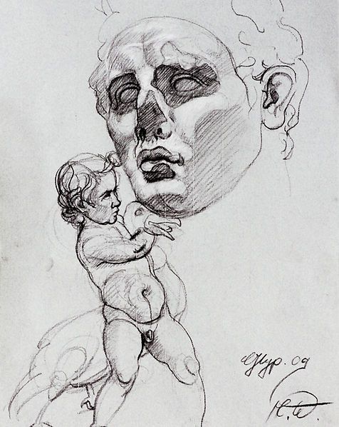 Eine Kohlezeichnung, die eine große Büste im klassischen Stil zeigt, die über einer kleinen Figur schwebt.