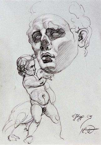 Eine Skizze eines großen, schattenhaften Kopfes in Marmoroptik, der hinter einer kleinen Kinderfigur schwebt.