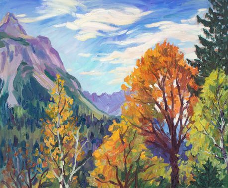 Impressionistisches Gemälde einer Berglandschaft mit leuchtend orangefarbenen und gelben Herbstbäumen.