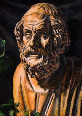 Ein Gemälde zeigt eine klassische Marmorbüste eines bärtigen Mannes mit ernstem Gesichtsausdruck vor dunklem Hintergrund.