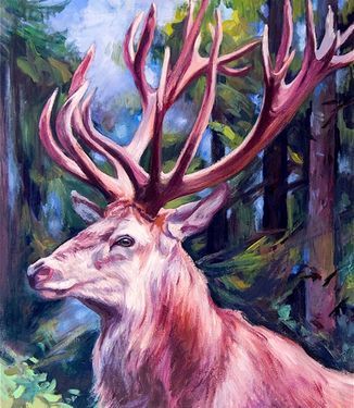 Ein stilisiertes, rosafarbenes Porträt eines Hirsches mit großem, kunstvollem Geweih, der in einem üppigen.