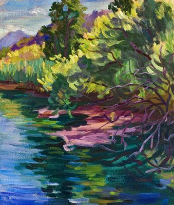 Ein farbenfrohes, impressionistisches Ölgemälde eines sonnenbeschienenen Seeufers mit leuchtend grünem Laub.