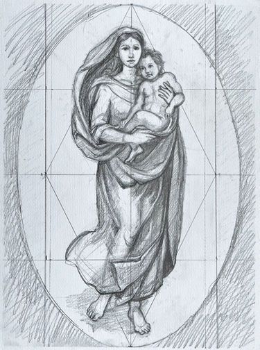 Eine Bleistiftskizze einer Frau, die ein Kind hält, eingefasst in ein ovales geometrisches Gitter.