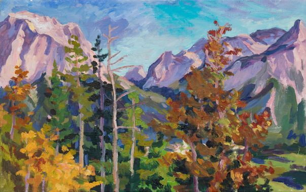 Impressionistisches Ölgemälde einer Bergkette vor einem Vordergrund aus gelben und grünen Herbstbäumen.