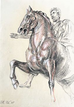 Eine Skizze eines Reiters in klassischer Kleidung auf einem sich aufbäumenden Pferd, dargestellt mit dunklen.