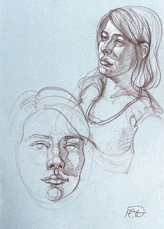 Eine Bleistiftzeichnung mit zwei Kopf- und Schulterskizzen einer Person, die in verschiedene Richtungen blickt.