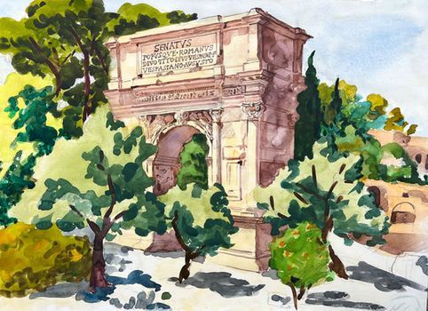 Ein Aquarellgemälde des Titusbogens in Rom, umgeben von grünen Bäumen und Laub unter einem hellen Himmel.