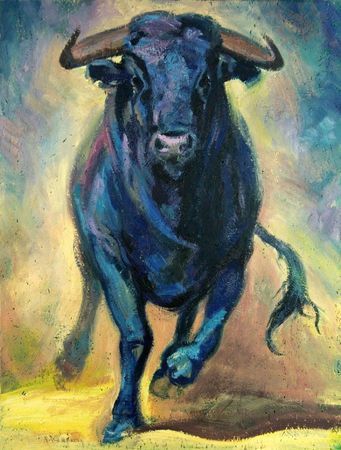 Ein expressionistisches Ölgemälde eines kraftvollen, dunkelblauen Stiers, der vor einem gelb-grauen.