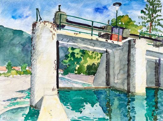 Aquarellgemälde einer Betonstaumauer mit grünem Geländer, die einen türkisfarbenen Kanal überblickt, der von Bäumen.