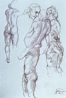 Eine Skizze im Kohlestil mit mehreren Studien der menschlichen Figur.