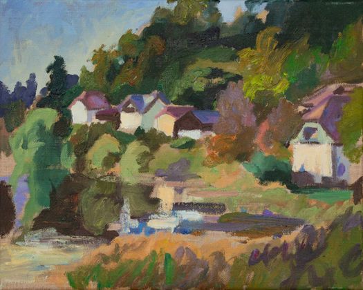 Impressionistisches Ölgemälde eines ländlichen Dorfes, eingebettet in einen Hügel zwischen üppigen, farbenfrohen Bäumen.