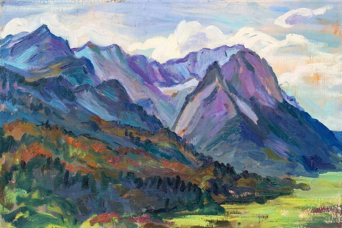 Ein impressionistisches Ölgemälde von zerklüfteten blauen und violetten Bergen, die sich über einem dunklen.