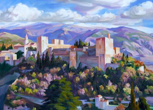 Impressionistisches Gemälde des Alhambra-Palastes in Granada, Spanien, vor dem Hintergrund violetter Berge.