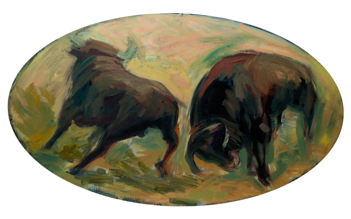 Ein ovales Gemälde zeigt zwei dunkle Stiere, die einander in einem lockeren, ausdrucksstarken Stil vor einem weichen.