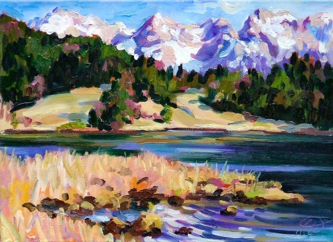 Ein impressionistisches Ölgemälde eines blauen Sees, goldener Ufervegetation, grünem Wald und schneebedeckten.