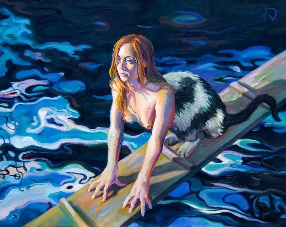 Ein Fabelwesen mit menschlichem Oberkörper und Katzenkörper balanciert auf einem Holzbrett über wirbelndem.