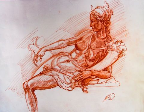 Eine Rötelzeichnung einer liegenden, in Stoff gehüllten klassischen Figur, dargestellt von der Taille aufwärts.