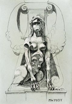 Eine detaillierte Kohlezeichnung einer sphinxartigen Kreatur mit menschlichen Gesichtszügen.