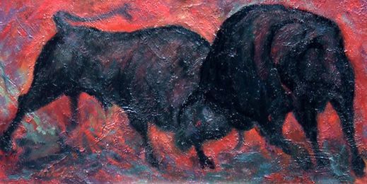 Zwei dunkle, muskulöse Bullen stehen sich in aggressiver Pose vor einem lebendigen, strukturierten.