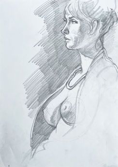 Eine Bleistiftskizze einer Person, dargestellt von der Taille aufwärts im Profil.