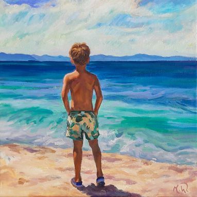 Ein Ölgemälde einer Person, die mit den Händen in den Taschen an einem Sandstrand steht.