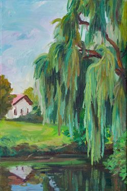 Ein impressionistisches Gemälde zeigt eine Weide, die über einen Bach hängt.