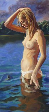 Ölgemälde einer Person, die bei Sonnenuntergang in ruhigem Wasser sitzt.