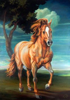 Ein goldbraunes Pferd mit weißer Gesichtszeichnung steht vor einem Baum vor einem stürmischen blauen Himmel.