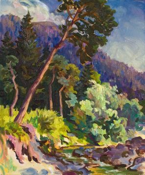 Impressionistisches Ölgemälde einer sich neigenden Kiefer über einem felsigen Bach, im Hintergrund dichter Wald und ein Berg.