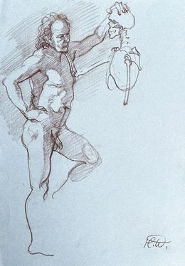 Eine braune Tuschezeichnung einer Person, die mit einer Hand in der Hüfte steht.