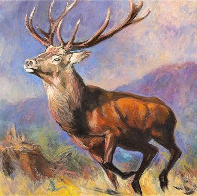 Ein majestätischer Hirsch mit großem Geweih, eingefangen in einer dynamischen Pose vor einer strukturierten.