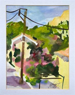 Ein Aquarellgemälde, das einen Strommast und Stromleitungen über einem sonnenbeschienenen Haus zeigt.