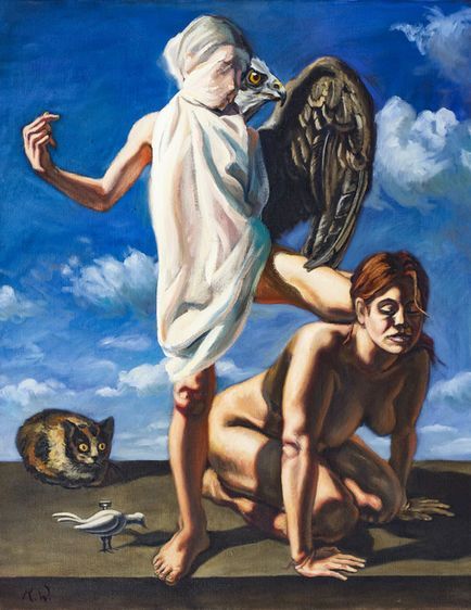 Ein surreales Gemälde, das eine stehende, in Weiß gehüllte Figur mit einem Vogelflügel, eine kniende Figur.