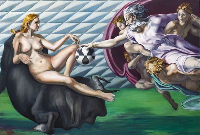 Eine Parodie auf Michelangelos Die Erschaffung Adams, die eine Figur auf einem Stier zeigt, die nach Gott greift.