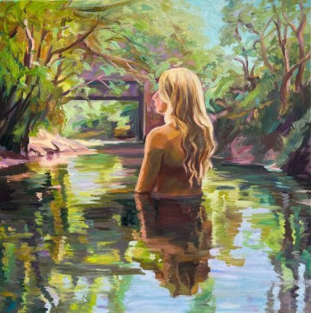 Ein Ölgemälde zeigt eine Figur, die bis zur Hüfte in einem ruhigen Bach steht und mit dem Rücken zum Betrachter.