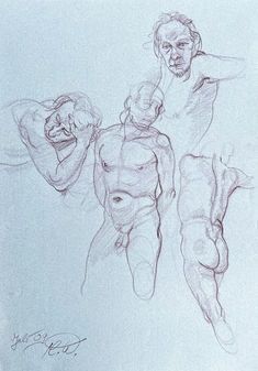 Eine Skizze in brauner Tinte mit vier Figuren in verschiedenen Posen, darunter stehende.